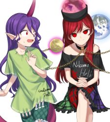 Rule 34 | 2girls, chain, clothes writing, collar, earth (ornament), hecatia lapislazuli, highres, horns, keiki8296, long hair, looking at another, looking at viewer, miniskirt, moon (ornament), multicolored clothes, multicolored skirt, multiple girls, off-shoulder shirt, off shoulder, plaid, plaid skirt, pointy ears, puffy short sleeves, puffy sleeves, purple hair, red eyes, red hair, shirt, short sleeves, single horn, skirt, smile, tail, tenkajin chiyari, touhou, underworld (ornament), unfinished dream of all living ghost, white background