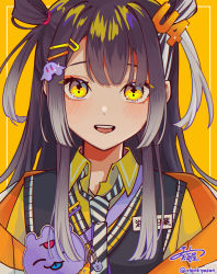 Rule 34 | 1girl, absurdres, amenochi hare, black hair, blush, collared shirt, hair ornament, hair tie, hairclip, highres, looking at viewer, multicolored hair, name tag, necktie, nijisanji, open mouth, outside border, portrait, shirt, smile, solo, sweater vest, teeth, two-tone hair, umise yotsuha, upper teeth only, virtual youtuber, yellow background, yellow eyes