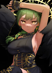 Rule 34 | 1girl, absurdres, armpits, black gloves, black wings, braid, breasts, closed mouth, commentary request, cross, cross-shaped pupils, cross earrings, earrings, fingerless gloves, gloves, halo, highres, indie virtual youtuber, jewelry, large breasts, looking at viewer, masamika10086, medium hair, roma roma, single braid, symbol-shaped pupils, virtual youtuber, wings, yellow eyes, yellow halo