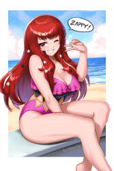 Rule 34 | 1girl, alternate costume, artist name, blush, breasts, burnt green tea, cleavage, clothing cutout, facial mark, female focus, fire emblem, fire emblem engage, grin, hair ornament, highres, large breasts, long hair, looking at viewer, matching hair/eyes, nintendo, one-piece swimsuit, one eye closed, outdoors, pink one-piece swimsuit, red eyes, red hair, sitting, smile, solo, speech bubble, star (symbol), star facial mark, star hair ornament, swimsuit, thighs, v, wink, yunaka (fire emblem)