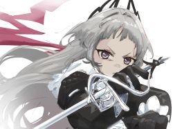 Rule 34 | 1girl, arknights, black gloves, black jacket, closed mouth, commentary, forehead, gloves, grey eyes, grey hair, highres, holding, holding sword, holding weapon, irene (arknights), jacket, long hair, long sleeves, looking at viewer, puffy long sleeves, puffy sleeves, radioneet, simple background, sketch, solo, sword, upper body, v-shaped eyebrows, weapon, white background