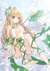 Rule 34 | 1girl, angel, bad id, bad pixiv id, barefoot, blonde hair, breasts, canape (canape0130), cleavage, dress, feathers, feet, flower, green eyes, hair flower, hair ornament, legs, long hair, original, plant, ribbon, rose, sitting, sleeveless, small breasts, solo, toes, vines, white flower, white rose, wings
