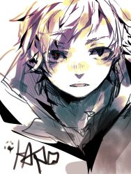 Rule 34 | 1boy, 3kuma, black eyes, character name, highres, kagerou project, kano shuuya, looking at viewer, male focus, open mouth, portrait, red pupils, short hair, solo