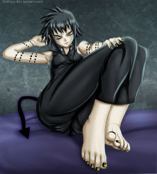Rule 34 | 00s, 1girl, arachne (soul eater), artist request, barefoot, bed, black nails, breasts, cosplay, feet, female focus, medusa gorgon, medusa gorgon (cosplay), nail polish, official alternate costume, official alternate hair color, possessed, possession, short hair, sitting, solo, soul eater, toes, yellow eyes, yellow nails