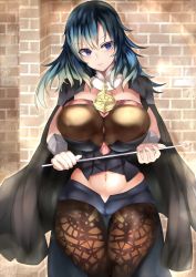Rule 34 | 1girl, absurdres, alternate breast size, armor, between breasts, black armor, black cape, black shorts, blue eyes, blue hair, breasts, brick wall, brown pantyhose, byleth (female) (fire emblem), byleth (fire emblem), cape, closed mouth, commentary request, cowboy shot, detached collar, emblem, fire emblem, fire emblem: three houses, frown, gluteal fold, groin, hair between eyes, head tilt, highres, holding, holding pointer, huge breasts, looking at viewer, medium hair, midriff, navel, nintendo, pantyhose, patterned clothing, pointer, short shorts, shorts, shoulder pads, sidelocks, solo, sparkle, standing, tassel, thigh gap, tiamat (momokuri mannen), wrist guards