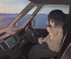 Rule 34 | 1girl, black-framed eyewear, black hair, black skirt, blue eyes, car interior, coffee cup, commentary request, cup, day, disposable cup, eating, fence, field, food, glasses, grass, highres, holding, holding cup, holding food, jacket, long sleeves, mimikaki (men bow), mountain, original, sitting, skirt, solo, steam, white jacket