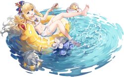 Rule 34 | 1girl, afloat, alternate costume, artist request, azur lane, barefoot, bikini, black bikini bottom, blonde hair, blue bow, blue eyes, blush, bow, breasts, chain, check artist, closed eyes, closed mouth, collarbone, crown, cup, duck innertube, fang, feet, floating, flower, frilled bikini, frills, full body, groin, hair bow, hair ornament, hairband, highres, holding, holding cup, innertube, jewelry, kaede (yumesaki kaede), legs, linea alba, long hair, maid headdress, manjuu (azur lane), medium breasts, mini crown, mismatched bikini, multicolored bow, navel, necklace, non-web source, nose blush, official alternate costume, official art, open mouth, queen elizabeth (azur lane), queen elizabeth (seaside orders) (azur lane), red bow, ribbon, rigging, sarong, saucer, see-through, see-through sarong, side-tie bikini bottom, sitting, skin fang, small breasts, smile, soles, solo, spread toes, sweatdrop, swim ring, swimsuit, tea, teacup, thigh strap, toes, turret, underboob, v-shaped eyebrows, very long hair, water, waves, white bikini, white bow, white sarong