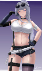 Rule 34 | 1girl, absurdres, archstreal, asymmetrical gloves, asymmetrical legwear, bare shoulders, blue gloves, blush, breasts, cleavage, cowboy shot, elbow gloves, eyewear on head, gloves, grey hair, hand on own hip, hand up, highres, knife, large breasts, long hair, looking at viewer, mole, mole under eye, navel, original, parted lips, ponytail, purple background, purple thighhighs, shirt, short shorts, shorts, simple background, single elbow glove, single thighhigh, sleeveless, sleeveless shirt, stomach, strealia rinne (archstreal), sunglasses, thigh strap, thighhighs, thighs