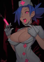 Rule 34 | absurdres, blue hair, breasts, choker, cleavage, covered navel, eyepatch, gloves, glowing, glowing eye, hat, highres, large breasts, latex, latex gloves, looking at viewer, mask, mask around neck, mask pull, mouth mask, nidhoggn, nurse cap, open mouth, ponytail, red eyes, scar, scar on face, skullgirls, surgical mask, syringe, tongue, tongue out, upper body, valentine (skullgirls)