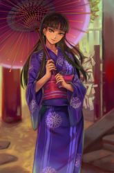 Rule 34 | 1girl, absurdres, alternate costume, amagi yukiko, black hair, blunt bangs, closed mouth, collarbone, floral print, grey eyes, highres, hime cut, holding, holding umbrella, japanese clothes, kimono, light blush, lips, long hair, long sleeves, looking at viewer, obi, oil-paper umbrella, persona, persona 4, purple kimono, sash, smile, solo, straight hair, temple, toasty scones, umbrella, wide sleeves