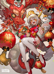 Rule 34 | 1girl, :d, animal, ass, black hairband, breasts, canking, china dress, chinese clothes, chinese zodiac, commentary request, dragon, dress, eastern dragon, fake horns, firecrackers, floral print, grey background, grey hair, hairband, hands up, high heels, highres, holding, horns, knees together feet apart, lantern, looking at viewer, open mouth, orange hair, original, paper lantern, parted bangs, pelvic curtain, print dress, red dress, red footwear, shoes, short sleeves, small breasts, smile, solo, thick eyebrows, thighhighs, white thighhighs, year of the dragon