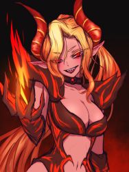Rule 34 | 1girl, :d, black background, black collar, blonde hair, blush, breasts, character request, cleavage, collar, collarbone, colored eyelashes, copyright request, eyes visible through hair, fire, fire, gradient background, hair between eyes, hair over one eye, hand up, head tilt, highres, horns, large breasts, looking at viewer, miata (miata8674), navel, open mouth, pointy ears, ponytail, red background, red eyes, sharp teeth, sidelocks, single horn, smile, solo, teeth, upper body