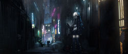Rule 34 | 1girl, alley, asteroid ill, black thighhighs, blouse, building, dark, green eyes, highres, iz (asteroid ill), jacket, lights, long hair, neon lights, original, outdoors, phone, scenery, shirt, solo focus, standing, thighhighs, very long hair, white hair, white shirt, wide shot