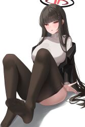 Rule 34 | 1girl, absurdres, black hair, black halo, black jacket, black pantyhose, blue archive, blunt bangs, blush, breasts, clothes pull, commentary, fast owl, full body, hair ornament, hairclip, halo, highres, jacket, knees up, large breasts, long hair, long sleeves, looking at viewer, no shoes, open clothes, open jacket, pantyhose, pantyhose pull, parted lips, red eyes, red halo, rio (blue archive), sidelocks, simple background, sitting, solo, straight hair, sweat, sweater, turtleneck, turtleneck sweater, white background, white sweater