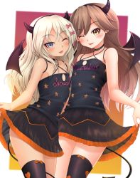 Rule 34 | 2girls, absurdres, arashio (kancolle), black dress, black thighhighs, black wings, blonde hair, blue eyes, blush, bow, brown eyes, brown hair, closed mouth, clothes writing, demon horns, demon tail, demon wings, dress, fake horns, grecale (kancolle), hair bow, heart, heart print, highres, horns, kantai collection, long hair, makura (y makura), multiple girls, one eye closed, open mouth, pink bow, single thighhigh, smile, tail, thighhighs, wings
