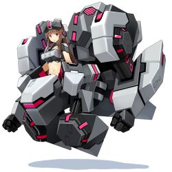 Rule 34 | 1girl, :o, bad source, blunt bangs, breasts, brown hair, cosmic break, externally piloted mecha, headgear, large breasts, long hair, looking at viewer, mecha, mecha musume, midriff, navel, official art, open mouth, red eyes, robot, second-party source, thoarla nimbus