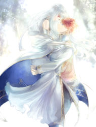 Rule 34 | 1boy, 1girl, blue eyes, carrying, closed mouth, coat, couple, detached sleeves, dress, eliwood (fire emblem), eye contact, fire emblem, fire emblem: the blazing blade, floating hair, from side, hair ornament, hetero, kuzumosu, long dress, long hair, long sleeves, looking at another, ninian (fire emblem), nintendo, red eyes, red hair, short hair, silver hair, sleeveless, sleeveless dress, smile, very long hair, white coat, white dress, white sleeves