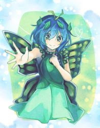 Rule 34 | 1girl, antennae, blue hair, butterfly wings, dress, eternity larva, green dress, green eyes, hair between eyes, hair ornament, hand on own chest, heart, heart-shaped pupils, highres, insect wings, leaf, leaf hair ornament, leaf on head, outstretched arm, shometsu-kei no teruru, short hair, smile, solo, symbol-shaped pupils, touhou, wings