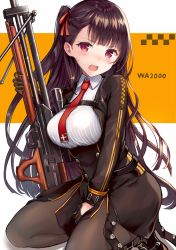 Rule 34 | 1girl, bipod, black footwear, black pantyhose, black skirt, blazer, blush, breasts, bullpup, girls&#039; frontline, gloves, gun, hair ribbon, half updo, highres, holding, holding weapon, jacket, kneeling, large breasts, long hair, looking at viewer, necktie, one side up, open mouth, pantyhose, purple hair, red eyes, red necktie, red ribbon, ribbon, rifle, sakura ani, shirt, shoes, sidelocks, skirt, sniper rifle, solo, sweatdrop, very long hair, wa2000 (girls&#039; frontline), walther, walther wa 2000, weapon