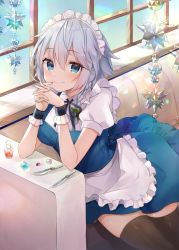 Rule 34 | 1girl, apron, black thighhighs, blue dress, blue eyes, blue ribbon, bow, braid, breasts, commentary request, couch, cowboy shot, dress, frilled apron, frills, green bow, hair between eyes, hair bow, hands up, indoors, interlocked fingers, izayoi sakuya, knife, looking at viewer, maid, maid apron, maid headdress, medium breasts, natsuki (ukiwakudasai), neck ribbon, own hands together, puffy short sleeves, puffy sleeves, ribbon, shirt, short dress, short hair, short sleeves, silver hair, sitting, skindentation, smile, solo, thighhighs, thighs, touhou, twin braids, waist apron, white apron, white shirt, window, wrist cuffs, zettai ryouiki