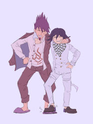 Rule 34 | 2boys, ^ ^, arm around neck, arm belt, asymmetrical sleeves, belt, blue background, blue coat, brown footwear, buttons, checkered clothes, checkered scarf, clenched hands, clenched teeth, closed eyes, coat, coat partially removed, coattails, collared coat, commentary request, danganronpa (series), danganronpa v3: killing harmony, denim, double-breasted, facial hair, false smile, full body, goatee, grey scarf, hand on own hip, highres, jacket, jeans, layered sleeves, loafers, long sleeves, male focus, mismatched sleeves, momota kaito, multiple belts, multiple boys, oma kokichi, open belt, open clothes, open jacket, pants, purple coat, purple footwear, purple hair, purple pants, purple sleeves, qosic, scarf, shirt, shoes, short hair, simple background, slippers, smile, spiked hair, stomping, teeth, thigh belt, thigh strap, two-sided coat, two-sided fabric, two-tone scarf, v-shaped eyebrows, white belt, white jacket, white pants, white scarf, white shirt, white sleeves