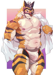 Rule 34 | 1boy, absurdres, alternate costume, animal ears, bara, beige fur, black male underwear, blush, bodysuit, boxer briefs, bulge, cowboy shot, facial hair, furry, furry male, goatee, highres, large pectorals, live a hero, male focus, male underwear, mask, muscular, muscular male, open clothes, open shirt, orange bodysuit, orange fur, pectorals, ryekie (live a hero), shirt, skindentation, solo, spikes, thick thighs, thighs, tiger boy, tiger ears, tiger stripes, tos tos f ski, two-tone fur, underwear, undressing, white male underwear, white shirt