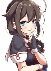 Rule 34 | 1girl, ahoge, black gloves, black hair, black serafuku, blue eyes, braid, commentary request, fingerless gloves, gloves, hair flaps, hair ornament, hair over shoulder, highres, kantai collection, looking at viewer, neckerchief, red neckerchief, school uniform, serafuku, shigure (kancolle), shigure kai ni (kancolle), simple background, single braid, solo, soramuko, tongue, tongue out, upper body, white background