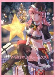 Rule 34 | 1girl, 2016, arm support, bad id, bad pixiv id, bell, belt, black footwear, black gloves, black hat, black skirt, black thighhighs, blacksonata5, boots, border, box, breasts, capelet, christmas, christmas tree, cleavage, cleavage cutout, clothing cutout, cowboy shot, cross-laced footwear, fur trim, gift, gift box, gloves, hat, headphones, lace-up boots, looking at viewer, merry christmas, midriff, navel, parted lips, pink border, pink hair, red eyes, remodel (warship girls r), santa hat, silver (16195689), sitting, skirt, snow, solo, star (symbol), text focus, thighhighs, tirpitz (warship girls r), tree, warship girls r
