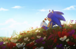 Rule 34 | 1boy, blue fur, cloud, day, closed eyes, field, flower, flower field, gloves, grass, highres, male focus, pointy nose, relaxing, sitting, sky, smelling, smile, solo, sonic (series), sonic frontiers, sonic the hedgehog, spacecolonie