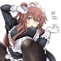 Rule 34 | 1girl, alternate costume, black dress, black pantyhose, blue eyes, breasts, brown hair, dress, enmaided, gloves, hair between eyes, juliet sleeves, kantai collection, large breasts, long hair, long sleeves, maid, maid headdress, out-of-frame censoring, pantyhose, ponytail, puffy sleeves, saratoga (kancolle), side ponytail, sidelocks, solo, tk8d32, white gloves