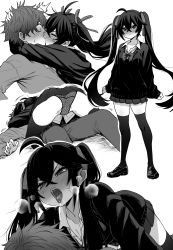 Rule 34 | 1boy, 1girl, after kiss, ahoge, anger vein, angry, arms around neck, assertive female, black hair, black thighhighs, blush, bow, bowtie, breasts, breath, cleavage, collared shirt, commentary, crossed bangs, duplicate, ear blush, french kiss, from below, fumitan (humitan), girl on top, greyscale, hair between eyes, hair bow, hetero, highres, hug, implied kiss, kiss, loafers, long hair, long sleeves, looking at another, looking at viewer, looking down, miniskirt, monochrome, multiple views, nose blush, original, panties, pixel-perfect duplicate, pleated skirt, polka dot, polka dot panties, saliva, saliva trail, scowl, shirt, shoes, sidelocks, skirt, surprise kiss, surprised, sweater, thighhighs, tongue, tongue out, twintails, underwear, upskirt, v-shaped eyebrows, very long hair, wide-eyed