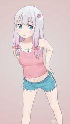 Rule 34 | 1girl, 2019, :o, absurdres, arm behind back, blue eyes, blush, breasts, child, collarbone, dated, dolphin shorts, eromanga sensei, hand on own hip, highres, izumi sagiri, light purple hair, long hair, looking at viewer, midriff peek, navel, open mouth, original, pink shirt, qtist, shirt, short shorts, shorts, simple background, small breasts, solo, standing, tagme, turquoise shorts, white hair