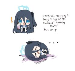 Rule 34 | !, ..., :3, absurdly long hair, absurdres, aris (blue archive), black hair, black skirt, blue archive, blue eyes, blue halo, blue necktie, blush stickers, chibi, chiimanju, closed eyes, collared shirt, commentary, cup, dress shirt, english commentary, english text, grimace shake (meme), hair between eyes, halo, highres, holding, holding cup, jacket, long hair, lying, meme, necktie, one side up, open mouth, pleated skirt, shirt, simple background, skirt, standing, very long hair, white background, white jacket, white shirt