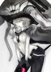 Rule 34 | 10s, 1girl, abyssal ship, bodysuit, covered navel, gloves, glowing, glowing eyes, gradient background, kantai collection, kouji (campus life), long hair, monochrome, pale skin, personification, silver hair, solo, spot color, wo-class aircraft carrier, yellow eyes