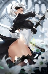 Rule 34 | 1girl, 2b (nier:automata), ass, black blindfold, black hairband, blindfold, blurry, blurry background, boots, breasts, christine spiegel, cleavage cutout, clothing cutout, covered eyes, from side, hairband, heattech leotard, highleg, highleg leotard, highres, juliet sleeves, leotard, lips, long sleeves, medium breasts, nier:automata, nier (series), puffy sleeves, solo, sword, thigh boots, thighhighs, thighhighs under boots, turtleneck, virtuous contract, weapon, white hair, white leotard