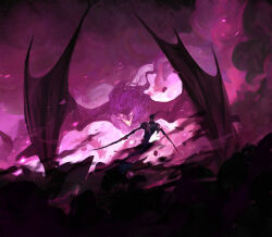 Rule 34 | 1boy, arm blade, armor, battle, commentary, debris, dominik mayer, dragon, dragonshield, english commentary, fantasy, glowing, glowing eyes, highres, monster, official art, open mouth, pauldrons, pink eyes, purple theme, sharp teeth, shoulder armor, smoke, tail, teeth, weapon, wide shot, wings, wyvern