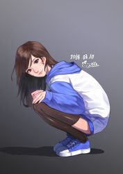 Rule 34 | 1girl, alternate costume, bad id, bad pixiv id, blue footwear, brown eyes, brown hair, brown thighhighs, closed mouth, d.va (overwatch), facial mark, fangs, from side, full body, gradient background, grey background, hands on own knees, hood, hooded jacket, jacket, lips, long hair, long sleeves, looking at viewer, no pants, overwatch, overwatch 1, piyo (pixiv 2308057), shadow, shoes, signature, smile, sneakers, solo, squatting, swept bangs, thighhighs, track jacket, whisker markings, white jacket