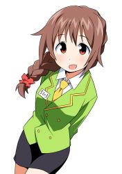 Rule 34 | 10s, 1girl, anbe masahiro, arms behind back, black skirt, braid, breasts, brown eyes, brown hair, collared shirt, formal, from above, green jacket, hair ornament, hair over shoulder, hair scrunchie, idolmaster, idolmaster cinderella girls, jacket, long hair, looking at viewer, medium breasts, name tag, necktie, open mouth, pencil skirt, scrunchie, senkawa chihiro, shadow, shirt, sidelocks, sketch, skirt, skirt suit, smile, solo, suit, suit jacket, thighs, white background, white shirt, yellow necktie
