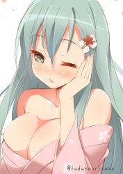 Rule 34 | 10s, 1girl, 9law, alternate costume, aqua eyes, aqua hair, bad id, bad pixiv id, blush, breasts, cleavage, collarbone, hair ornament, hand on own face, japanese clothes, kantai collection, kimono, large breasts, long hair, one eye closed, solo, suzuya (kancolle), sweat, twitter username, upper body, white background