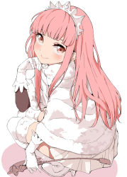 Rule 34 | 1girl, blunt bangs, blush, capelet, closed mouth, fate/grand order, fate (series), from side, full body, fur-trimmed legwear, fur trim, gloves, long hair, looking at viewer, mamedenkyuu (berun), medb (fate), medb (first ascension) (fate), over-kneehighs, pink eyes, pink hair, pleated skirt, riding crop, sidelocks, simple background, skirt, smile, solo, squatting, thighhighs, tiara, white background, white gloves, white skirt, white thighhighs