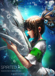 Rule 34 | 00s, 1girl, air bubble, alternate form, animal, blurry, brown hair, bubble, character name, chinese text, copyright name, creature, dragon, eastern dragon, closed eyes, fantasy, floating hair, from side, hair tie, haku, high ponytail, highres, holding head, liang xing, lips, nose, ogino chihiro, parted lips, ponytail, profile, sen to chihiro no kamikakushi, short sleeves, sidelocks, solo, studio ghibli, text focus, underwater, whiskers