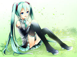 Rule 34 | 1girl, :d, aqua hair, aqua necktie, black footwear, black sleeves, blue eyes, boots, detached sleeves, full body, grass, grey shirt, hair between eyes, hair ornament, hatsune miku, long hair, long sleeves, miniskirt, necktie, open mouth, pleated skirt, rain (aaru), shirt, sitting, skirt, sleeveless, sleeveless shirt, smile, solo, thigh boots, thighhighs, twintails, very long hair, vocaloid