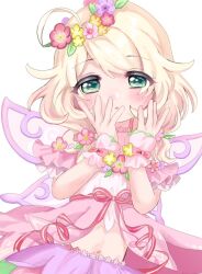 Rule 34 | 1girl, ahoge, blonde hair, blush, butterfly wings, commentary request, dress, flower wreath, green eyes, h2omizu 2, hands up, head wreath, highres, idolmaster, idolmaster cinderella girls, insect wings, looking at viewer, navel, parted lips, pink dress, short hair, short sleeves, simple background, solo, upper body, white background, wings, wrist cuffs, yusa kozue