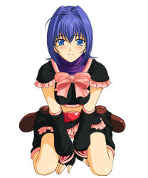 Rule 34 | 1girl, a1 (initial-g), absurdres, blue eyes, blue hair, blush, bow, breasts, cosplay, cure black (cosplay), elbow gloves, female focus, full body, futari wa precure, gloves, hayase mitsuki, highres, kimi ga nozomu eien, kneeling, looking at viewer, matching hair/eyes, navel, precure, simple background, smile, solo, white background