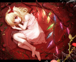 Rule 34 | 1girl, babydoll, bare shoulders, barefoot, blonde hair, bow, flandre scarlet, flower, hair bow, hoshibuchi, letterboxed, lying, off shoulder, on side, open mouth, plant, red eyes, red rose, rose, side ponytail, solo, strap slip, touhou, vampire, vines, wings