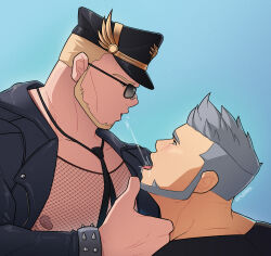Rule 34 | 2boys, absurdres, artist name, bandaid, bandaid on face, bandaid on nose, bara, beard, blonde hair, close-up, facial hair, fishnet top, fishnets, grey hair, gyee, hat, highres, jacket, large pectorals, looking at another, male focus, manly, master (gyee), mature male, multiple boys, muscular, muscular male, nipples, open clothes, open jacket, open mouth, pectorals, santos (gyee), signature, spitting, sunglasses, thick arms, thick eyebrows, tongue, tongue out, upper body, vvulfbara