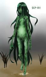 Rule 34 | 1girl, belly, black sclera, breasts, character name, colored sclera, colored skin, female focus, green skin, hair between eyes, hao (borosu0023), highres, long hair, messy hair, monster girl, navel, no nipples, no pussy, nude, scp-811, scp foundation, small breasts, solo, very long hair, walking, water, webbed hands, wetland, yellow eyes
