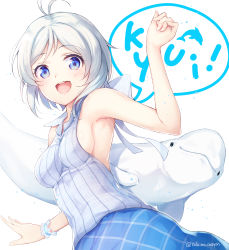Rule 34 | .live, 1girl, :d, animal, antenna hair, armpits, blue eyes, blue skirt, blush, breasts, commentary request, highres, looking at viewer, medium breasts, open mouth, plaid, plaid shirt, plaid skirt, shirt, short hair, sideboob, simple background, dennou shoujo siro, skirt, sleeveless, sleeveless shirt, smile, solo, sora from france, tagme, twitter username, virtual youtuber, white background, white hair, wrist cuffs