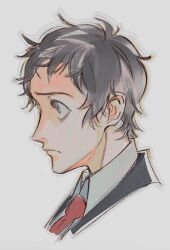 1boy adachi_tooru black_jacket brown_hair closed_mouth collared_shirt commentary cropped_shoulders frown grey_eyes hashtag-only_commentary jacket looking_ahead male_focus necktie persona persona_4 profile red_necktie sam_(kyaptainkiddo) shirt solo suit_jacket white_shirt wing_collar