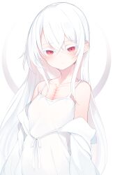 Rule 34 | 1girl, absurdres, albino, bare shoulders, camisole, closed mouth, collarbone, colored eyelashes, crossed bangs, hair between eyes, highres, long hair, looking at viewer, off shoulder, original, otokuyou, red eyes, scar, scar on chest, shiroi ko (otokuyou), sidelocks, solo, upper body, white background, white camisole, white hair, white theme